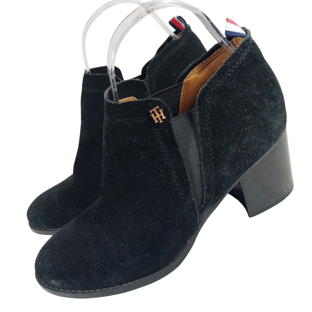 TOMMY HILFIGER! BLACK GENUINE SUEDE LEATHER ULTRA CHUNKY HEEL ANKLE BOOTS! 6.5M